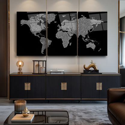 Dünya Haritası Üçlü Set Cam Tablo