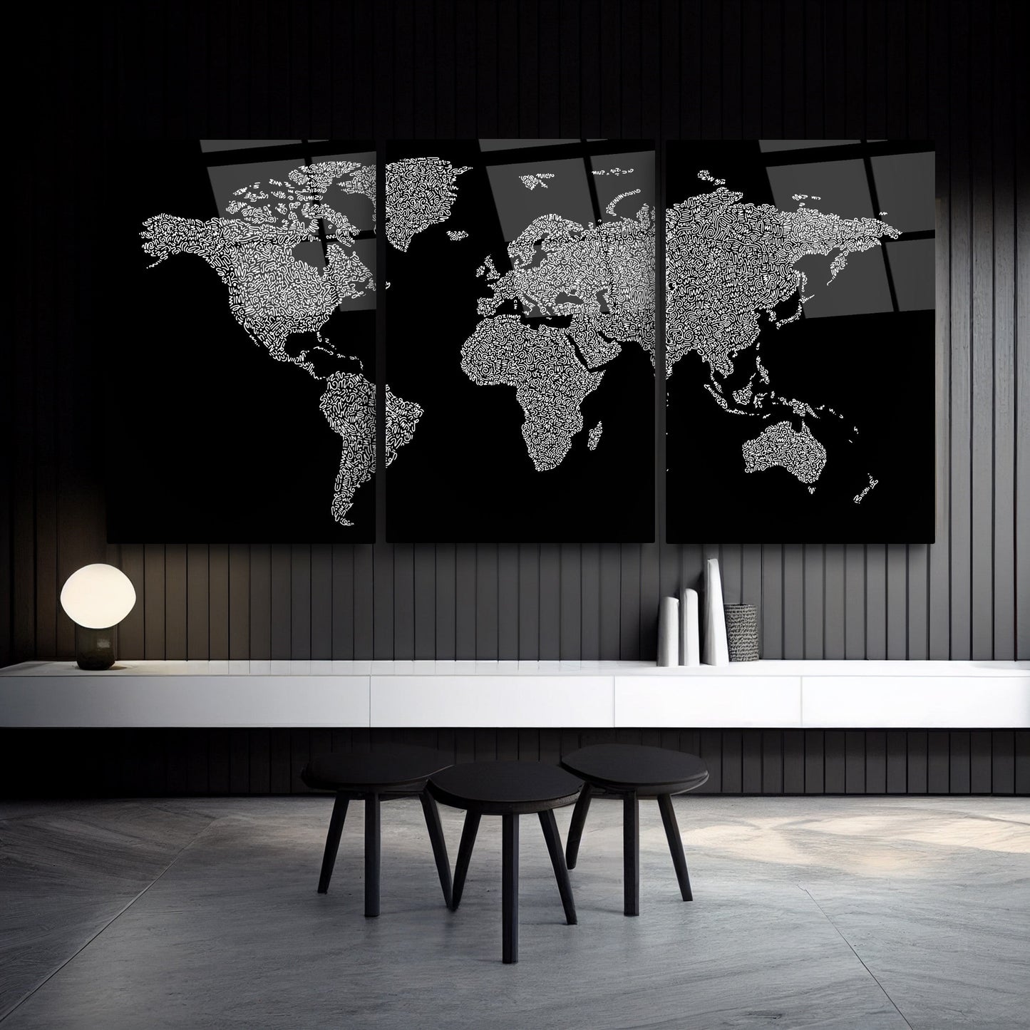 Dünya Haritası Üçlü Set Cam Tablo