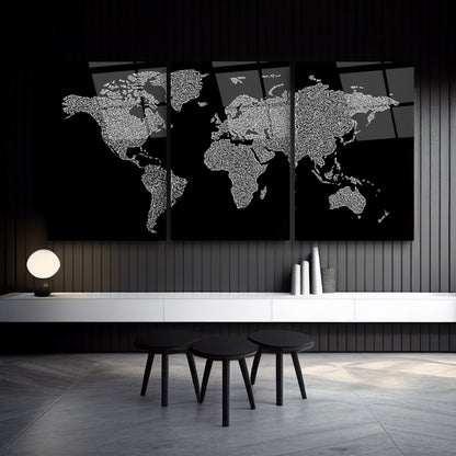 Dünya Haritası Üçlü Set Cam Tablo