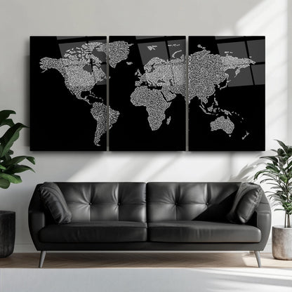 Dünya Haritası Üçlü Set Cam Tablo