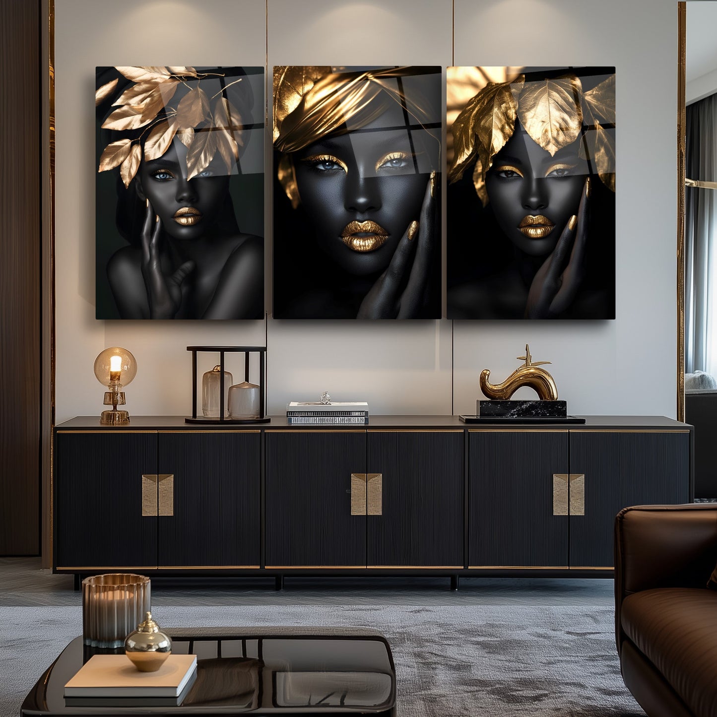 Gold Yapraklı Siyahi Kadın Üçlü Set Cam Tablo