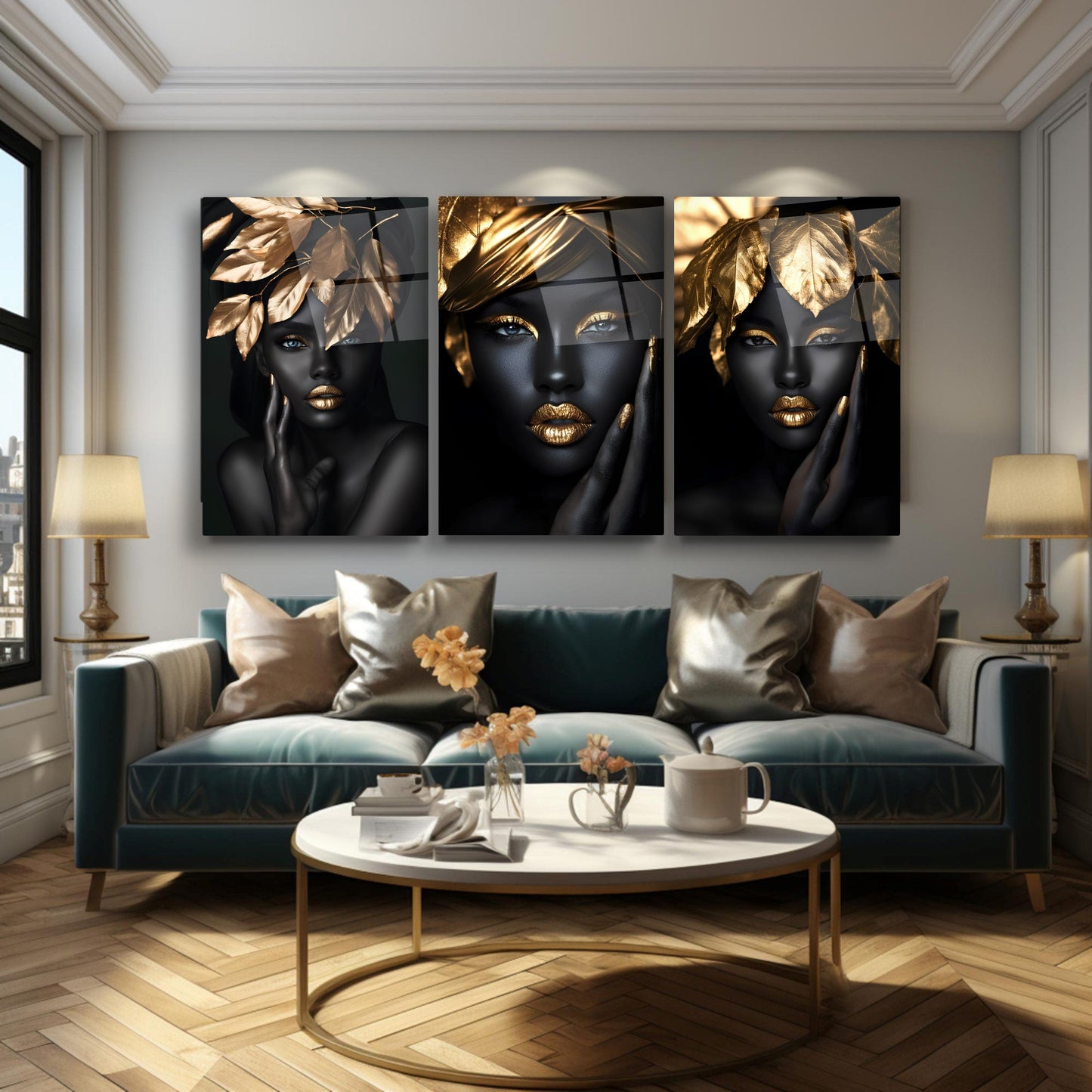 Gold Yapraklı Siyahi Kadın Üçlü Set Cam Tablo
