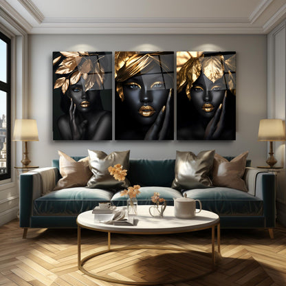Gold Yapraklı Siyahi Kadın Üçlü Set Cam Tablo