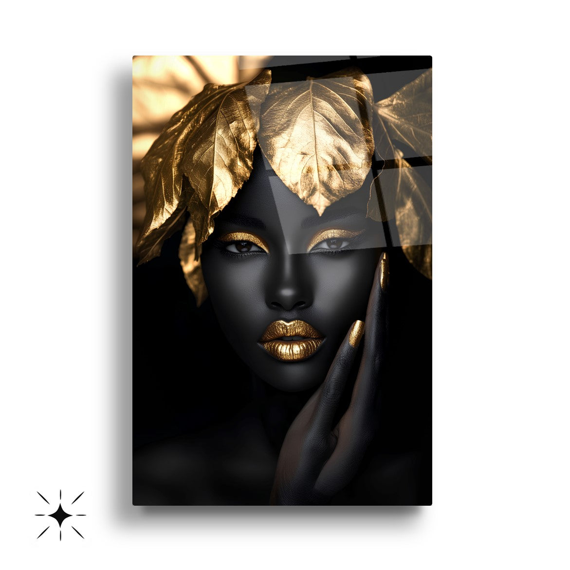 Gold Yapraklı Siyahi Kadın Üçlü Set Cam Tablo