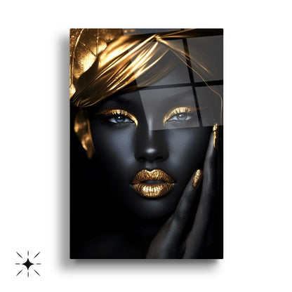 Gold Yapraklı Siyahi Kadın Üçlü Set Cam Tablo