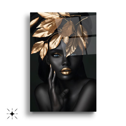 Gold Yapraklı Siyahi Kadın Üçlü Set Cam Tablo