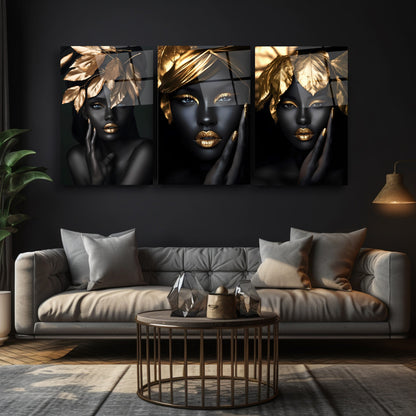 Gold Yapraklı Siyahi Kadın Üçlü Set Cam Tablo