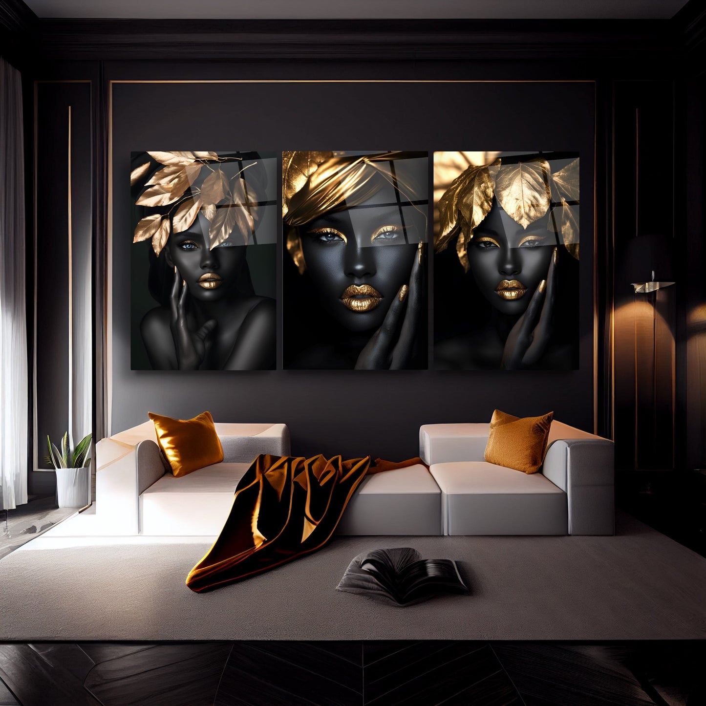 Gold Yapraklı Siyahi Kadın Üçlü Set Cam Tablo