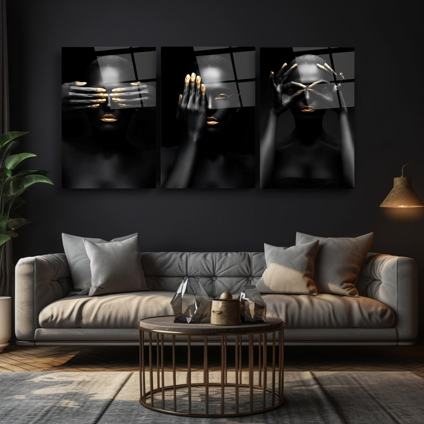 Siyah Gold Kadın Model Üçlü Set Cam Tablo