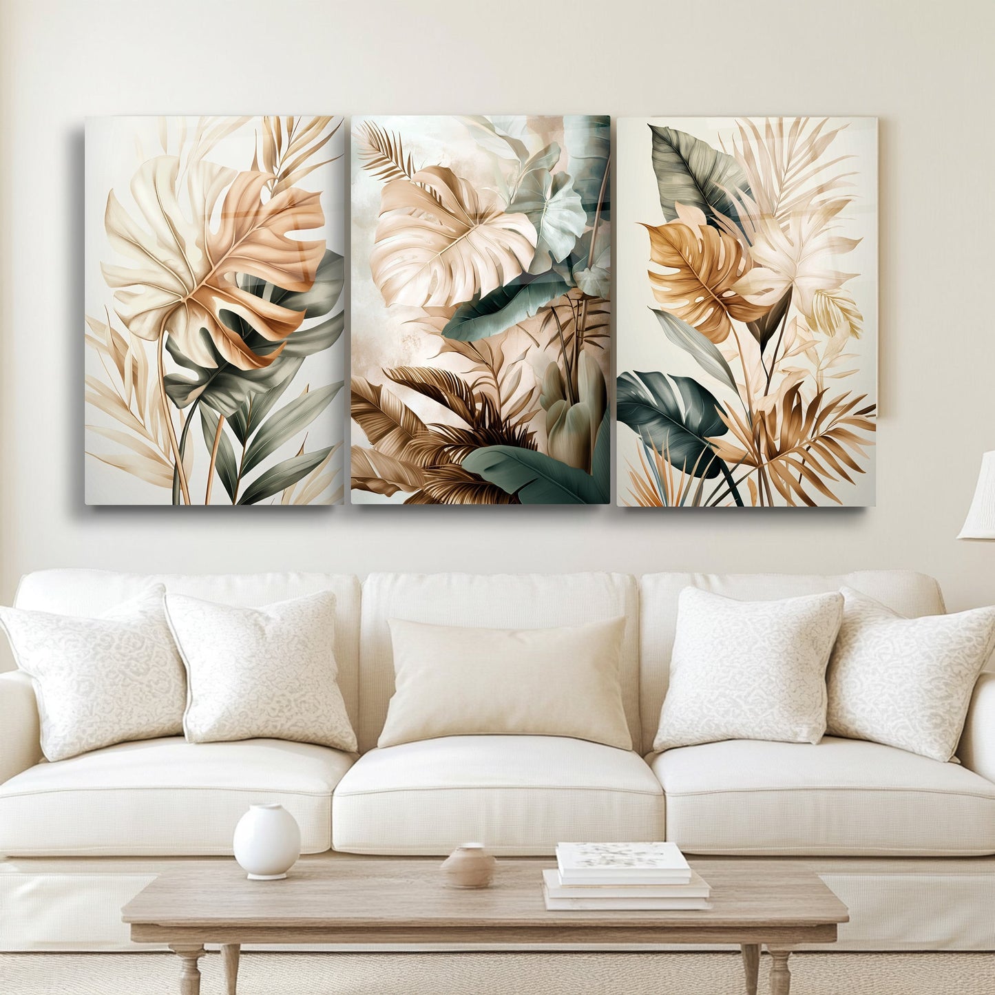 Tropikal Soft Yapraklar Üçlü Set Cam Tablo