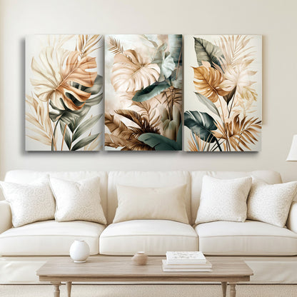 Tropikal Soft Yapraklar Üçlü Set Cam Tablo