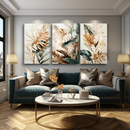 Tropikal Soft Yapraklar Üçlü Set Cam Tablo
