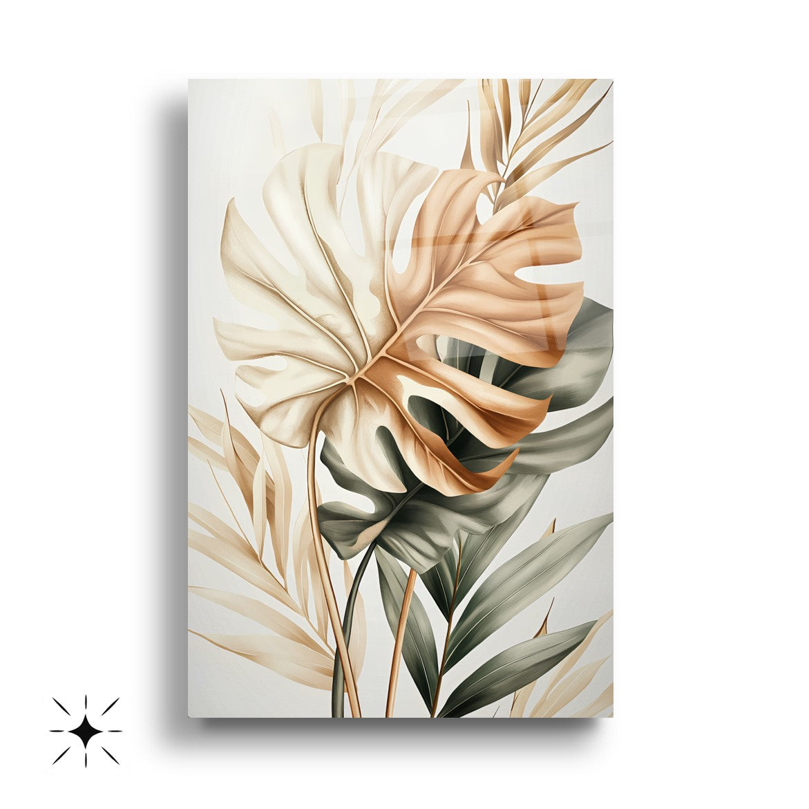 Tropikal Soft Yapraklar Üçlü Set Cam Tablo