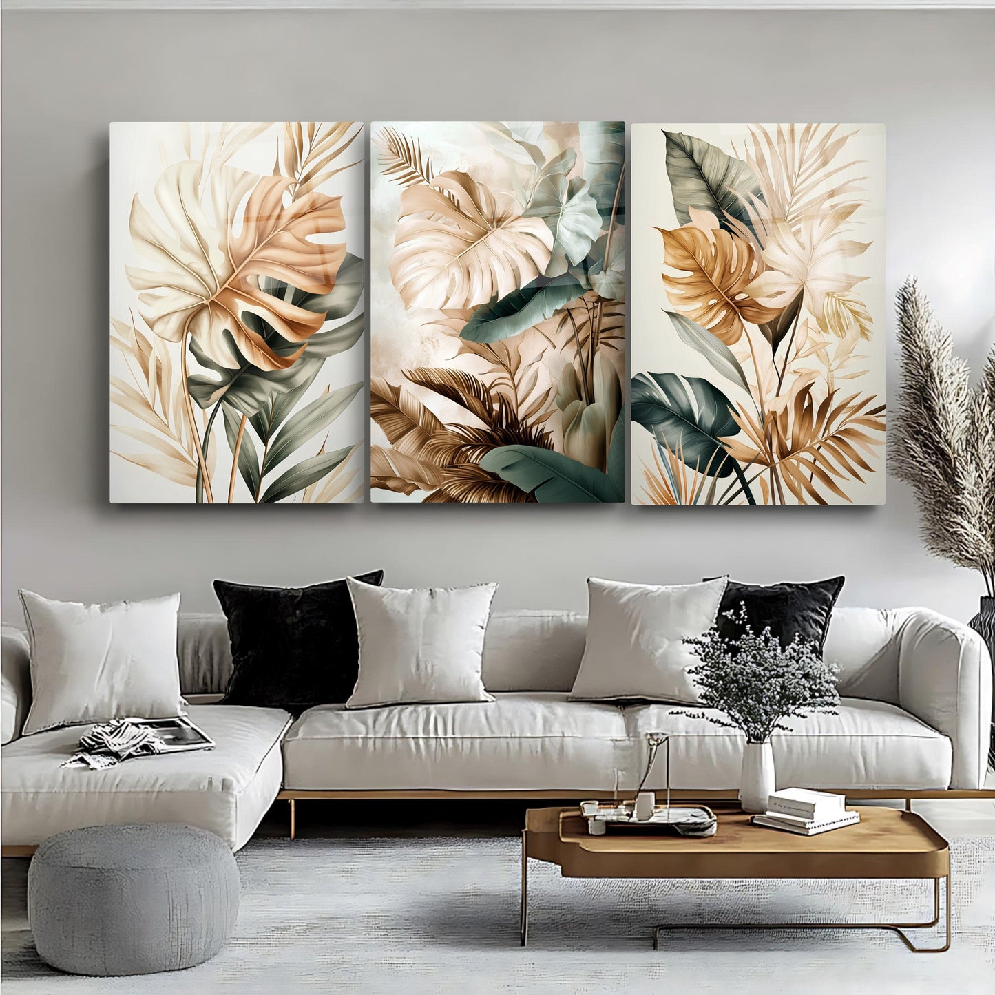 Tropikal Soft Yapraklar Üçlü Set Cam Tablo