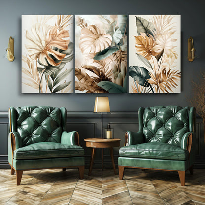 Tropikal Soft Yapraklar Üçlü Set Cam Tablo