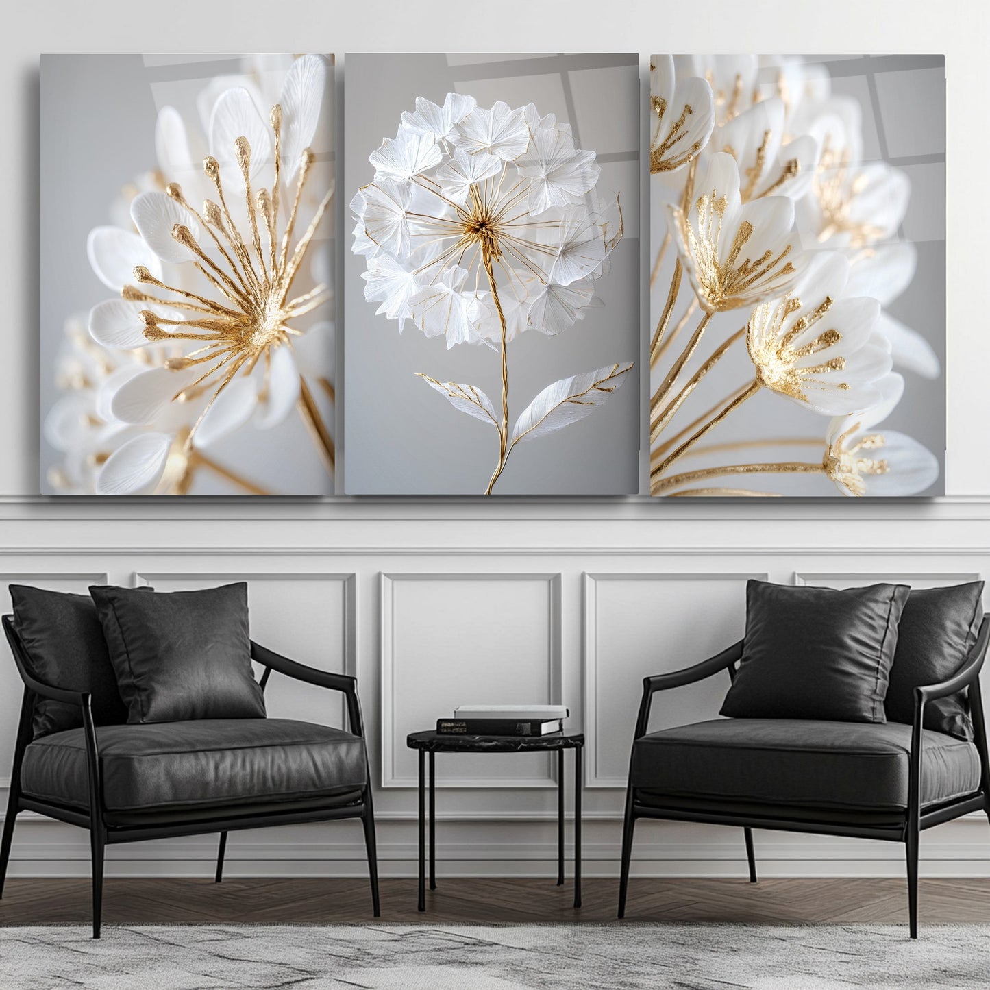 Beyaz Gold Çiçekler Üçlü Set Cam Tablo