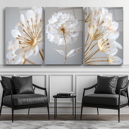 Beyaz Gold Çiçekler Üçlü Set Cam Tablo