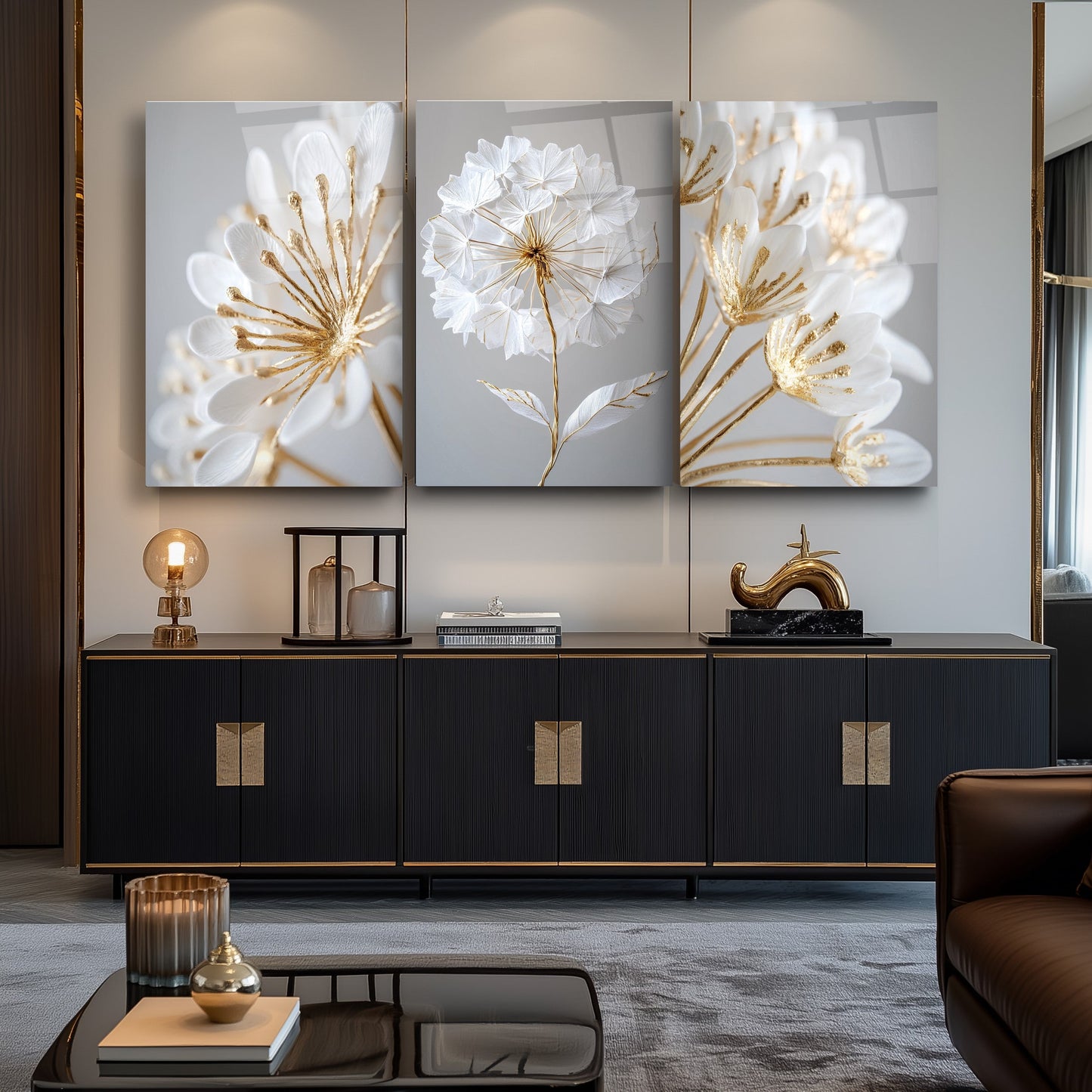 Beyaz Gold Çiçekler Üçlü Set Cam Tablo