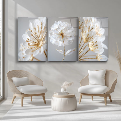 Beyaz Gold Çiçekler Üçlü Set Cam Tablo