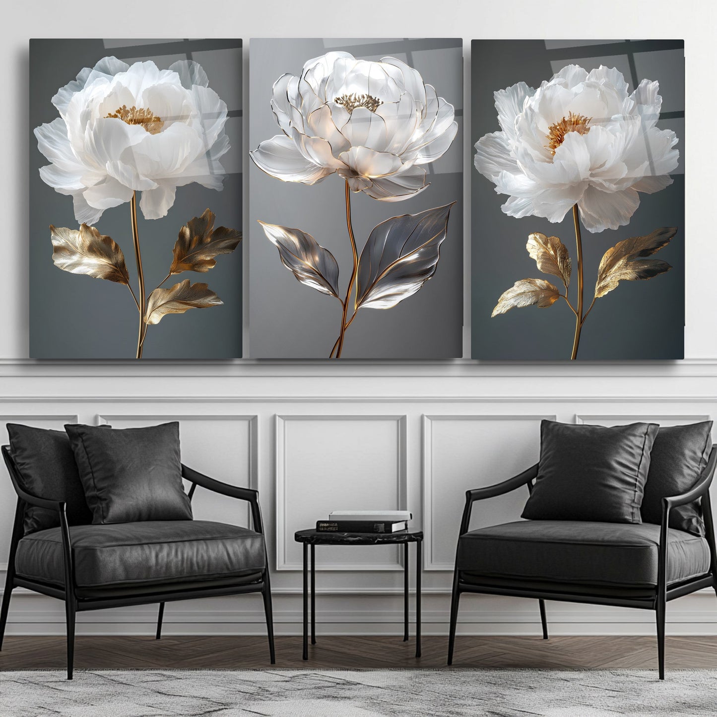 Gold Beyaz Çiçekler Üçlü Set Cam Tablo