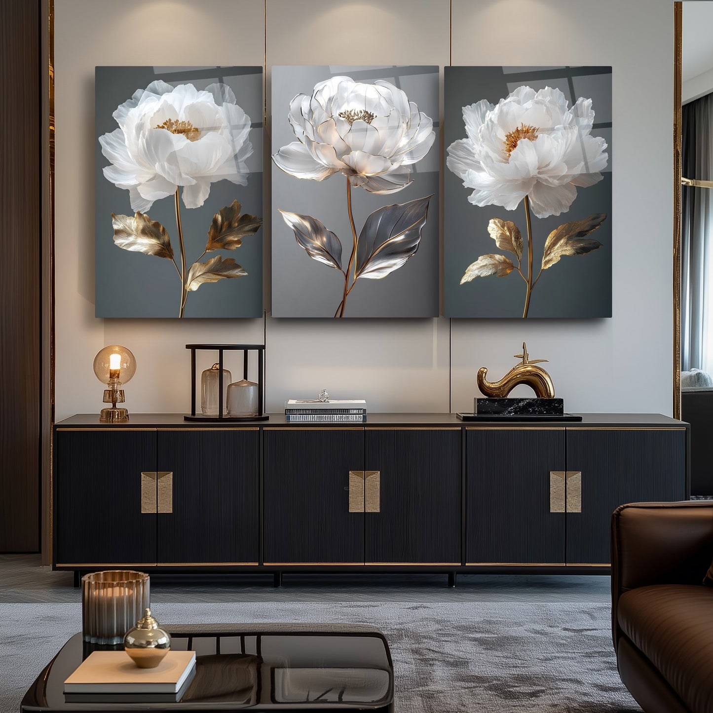 Gold Beyaz Çiçekler Üçlü Set Cam Tablo