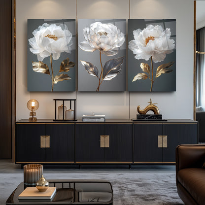Gold Beyaz Çiçekler Üçlü Set Cam Tablo