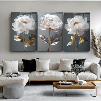 Gold Beyaz Çiçekler Üçlü Set Cam Tablo