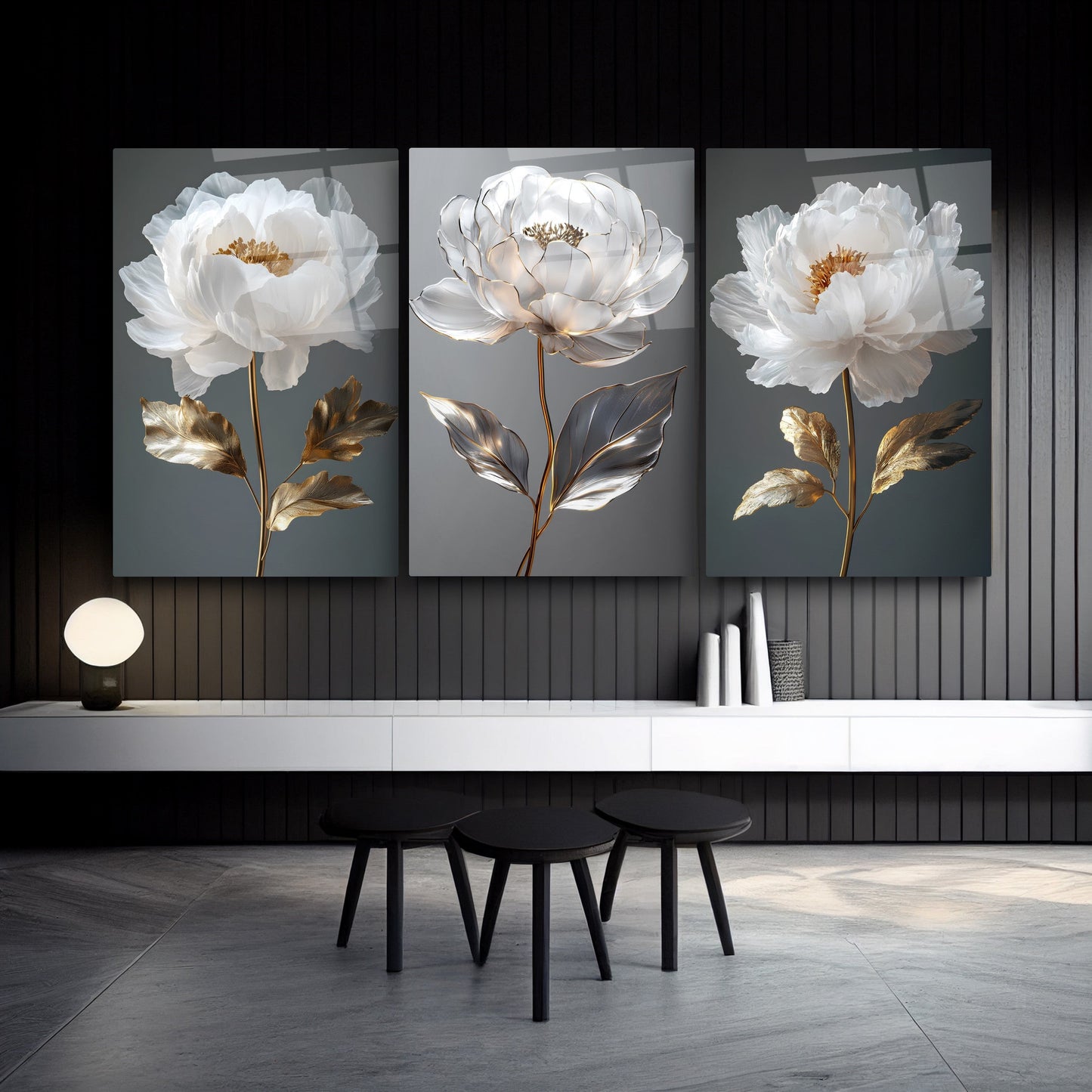 Gold Beyaz Çiçekler Üçlü Set Cam Tablo