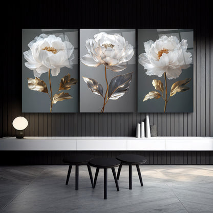 Gold Beyaz Çiçekler Üçlü Set Cam Tablo