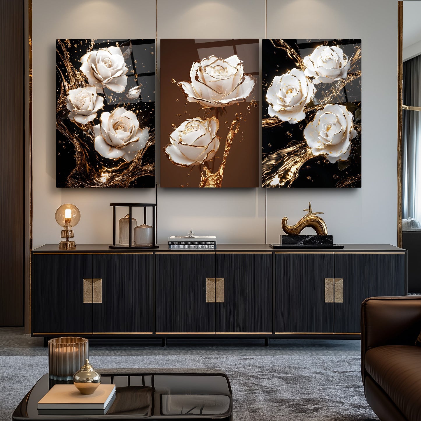 Beyaz Gold Güller Üçlü Set Cam Tablo