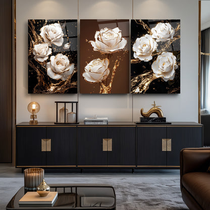 Beyaz Gold Güller Üçlü Set Cam Tablo