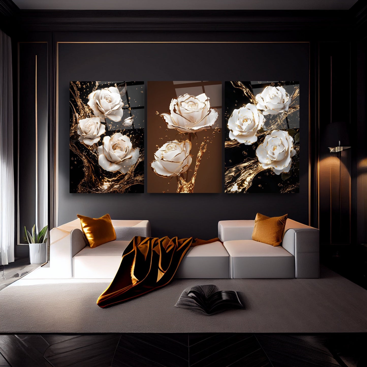 Beyaz Gold Güller Üçlü Set Cam Tablo