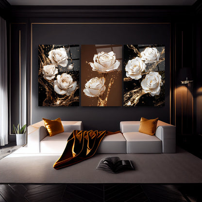 Beyaz Gold Güller Üçlü Set Cam Tablo