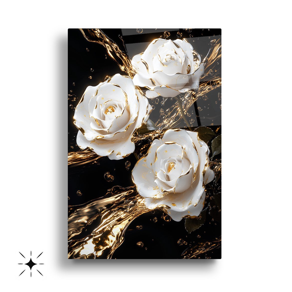 Beyaz Gold Güller Üçlü Set Cam Tablo