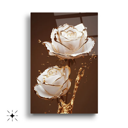 Beyaz Gold Güller Üçlü Set Cam Tablo