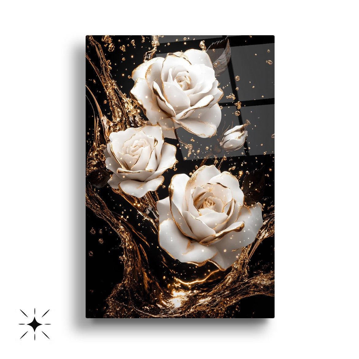 Beyaz Gold Güller Üçlü Set Cam Tablo