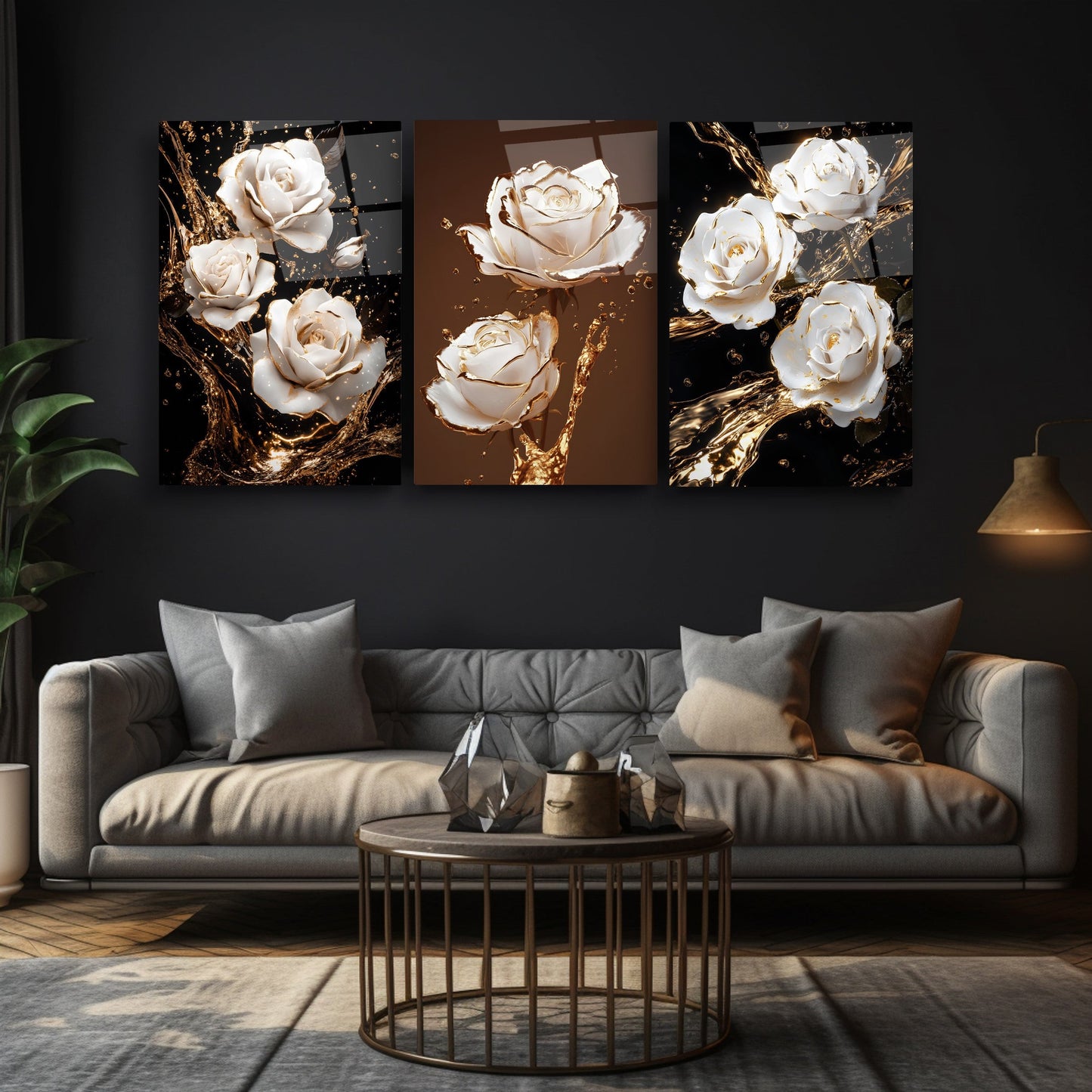 Beyaz Gold Güller Üçlü Set Cam Tablo