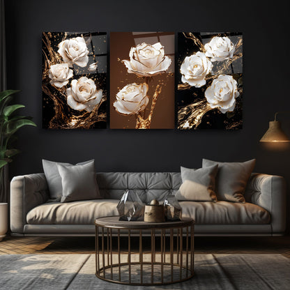 Beyaz Gold Güller Üçlü Set Cam Tablo