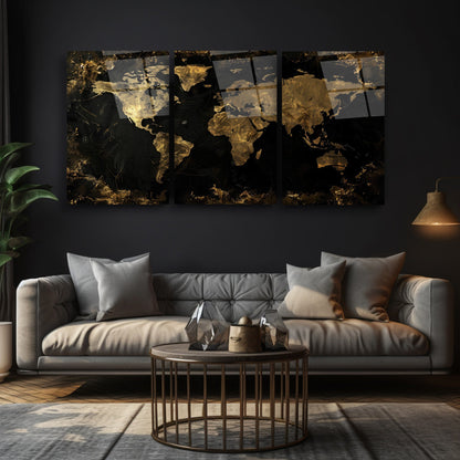 Gold Detay Dünya Haritası Üçlü Set Cam Tablo