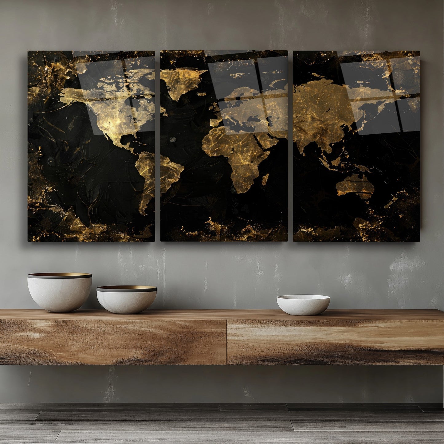 Gold Detay Dünya Haritası Üçlü Set Cam Tablo