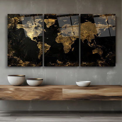 Gold Detay Dünya Haritası Üçlü Set Cam Tablo