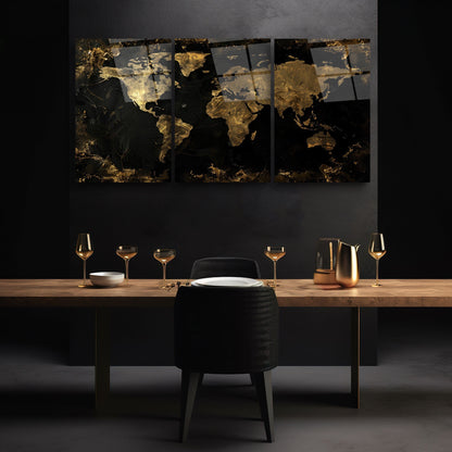 Gold Detay Dünya Haritası Üçlü Set Cam Tablo