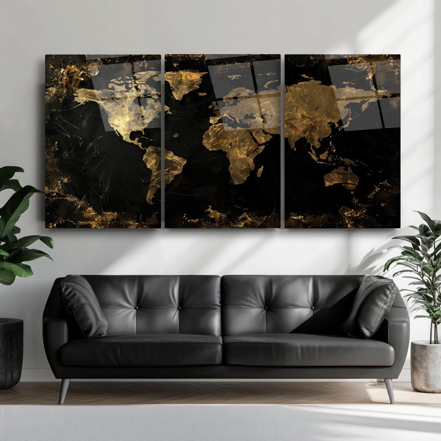 Gold Detay Dünya Haritası Üçlü Set Cam Tablo