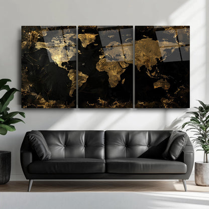 Gold Detay Dünya Haritası Üçlü Set Cam Tablo