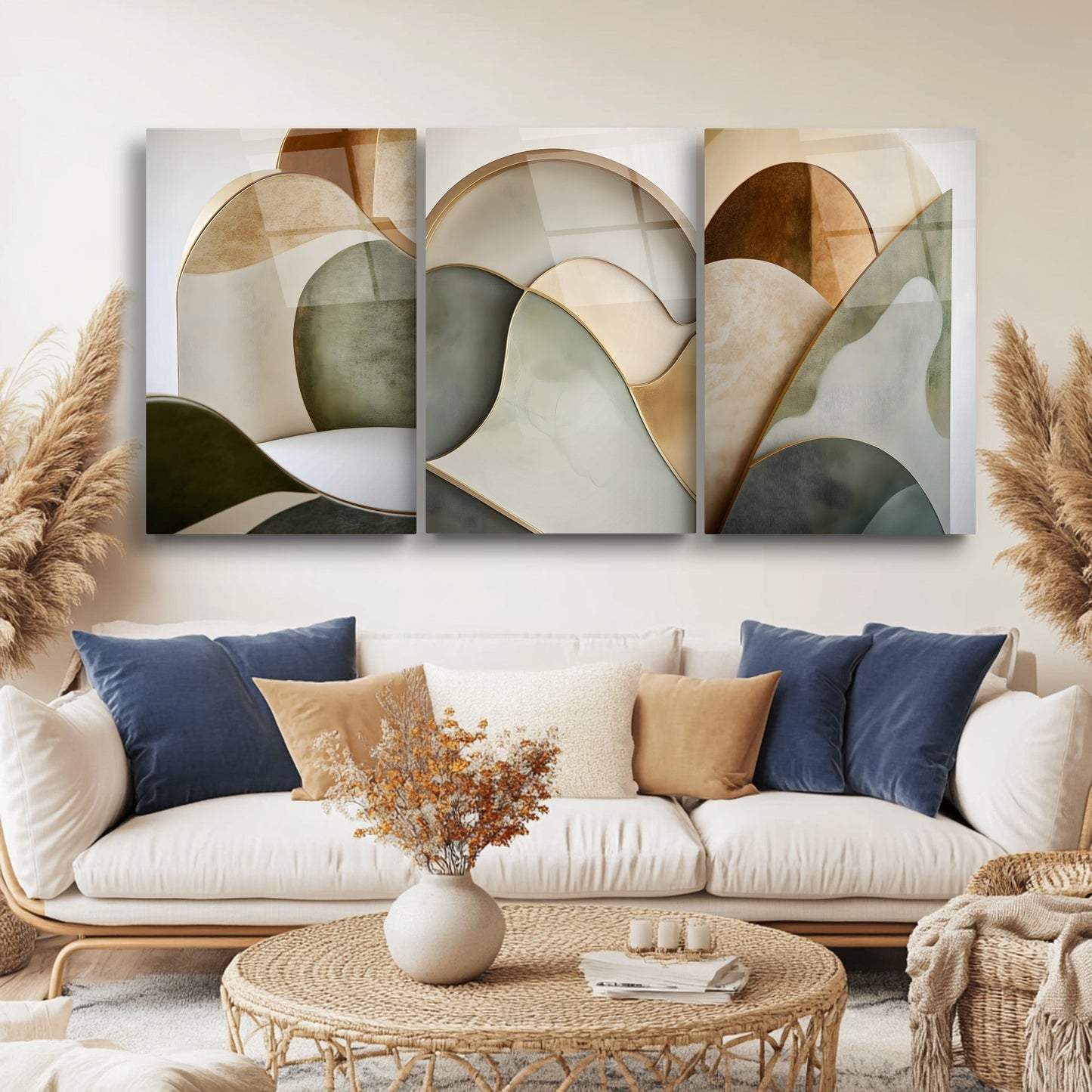 Minimal Soyut Desenler Üçlü Set Cam Tablo