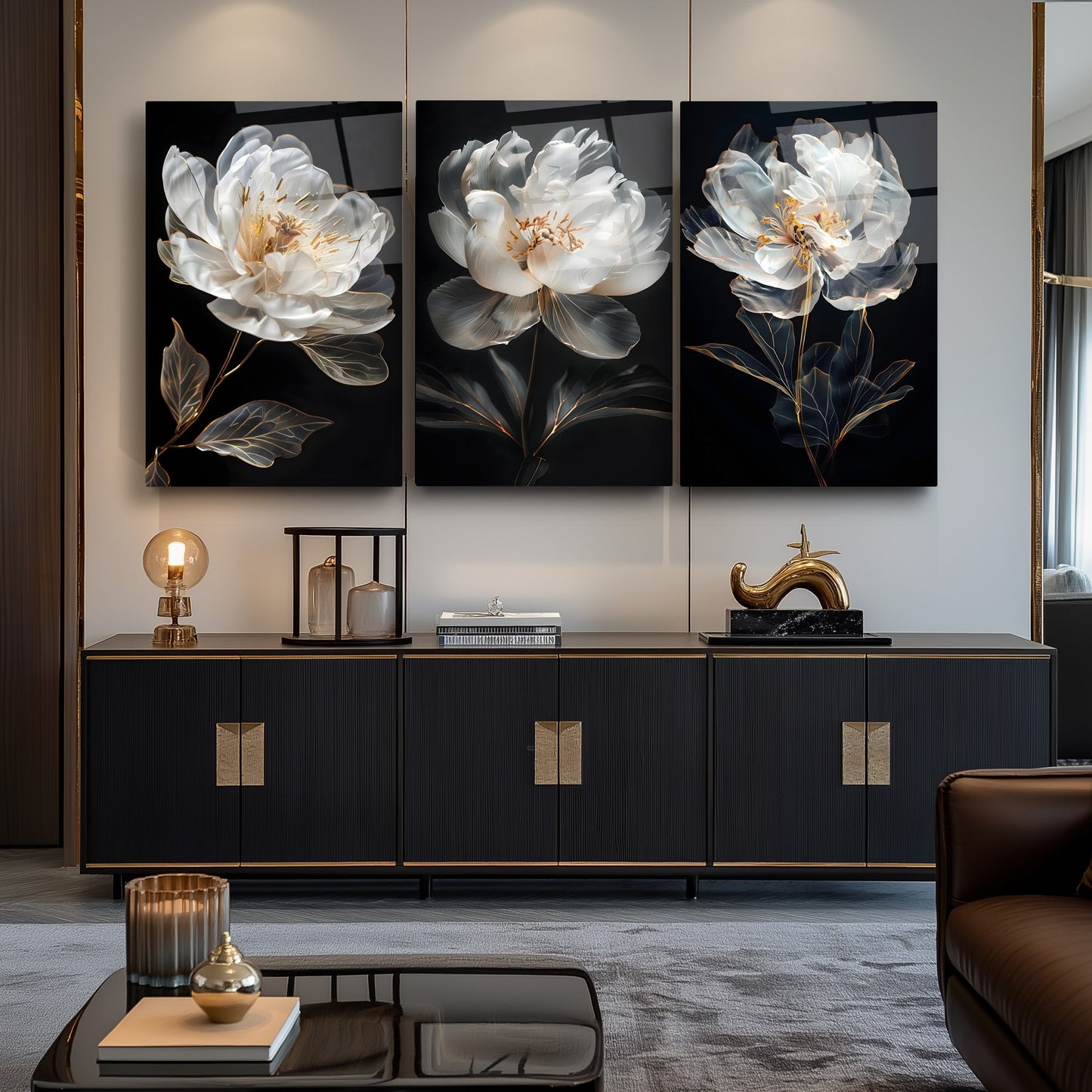 Beyaz Çiçekler Üçlü Set Cam Tablo