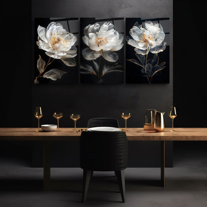 Beyaz Çiçekler Üçlü Set Cam Tablo