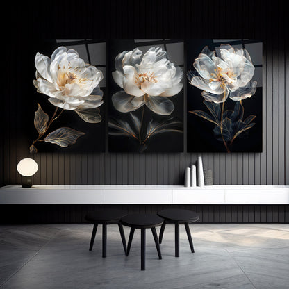 Beyaz Çiçekler Üçlü Set Cam Tablo