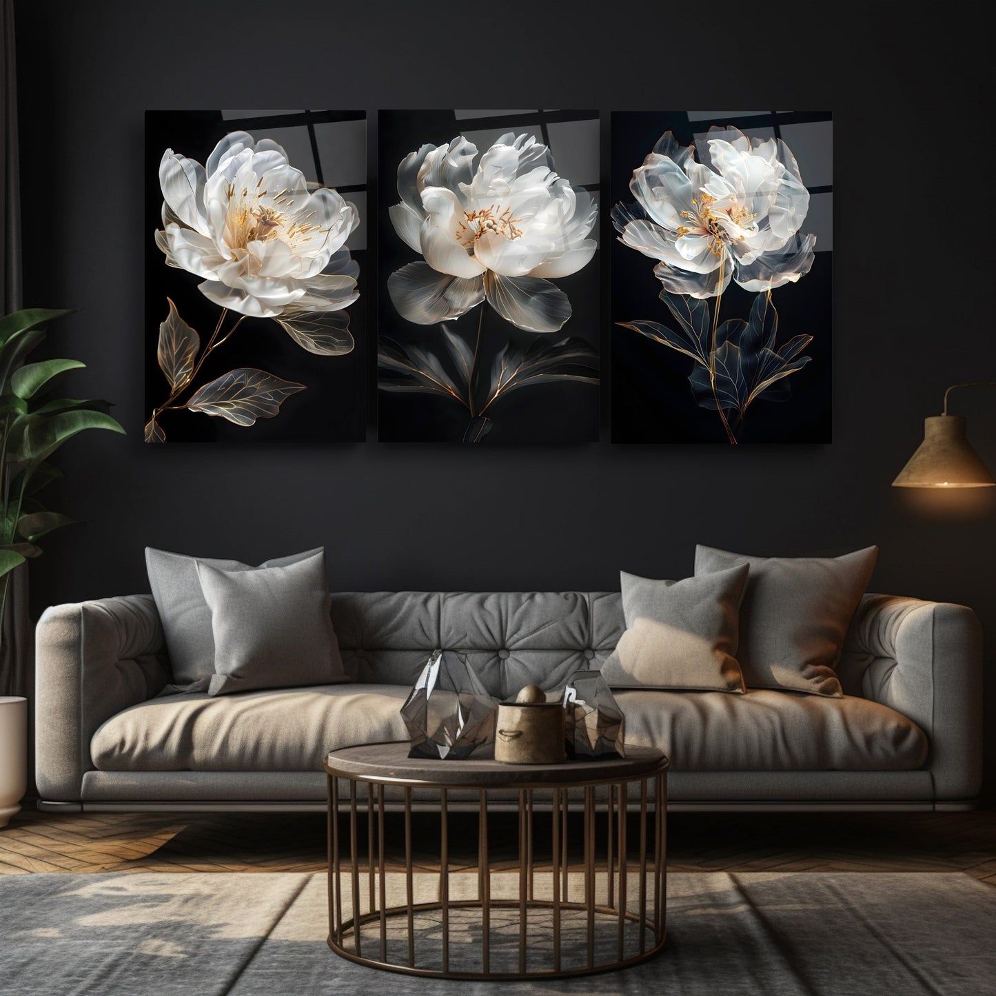 Beyaz Çiçekler Üçlü Set Cam Tablo