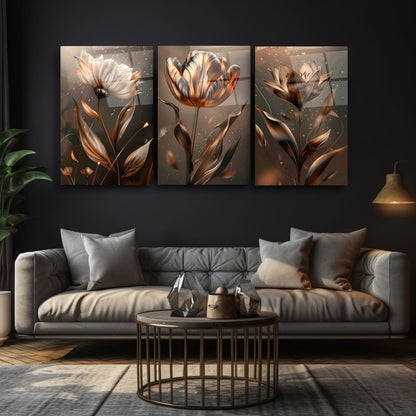 Bronz Metalik Çiçekler Üçlü Set Cam Tablo